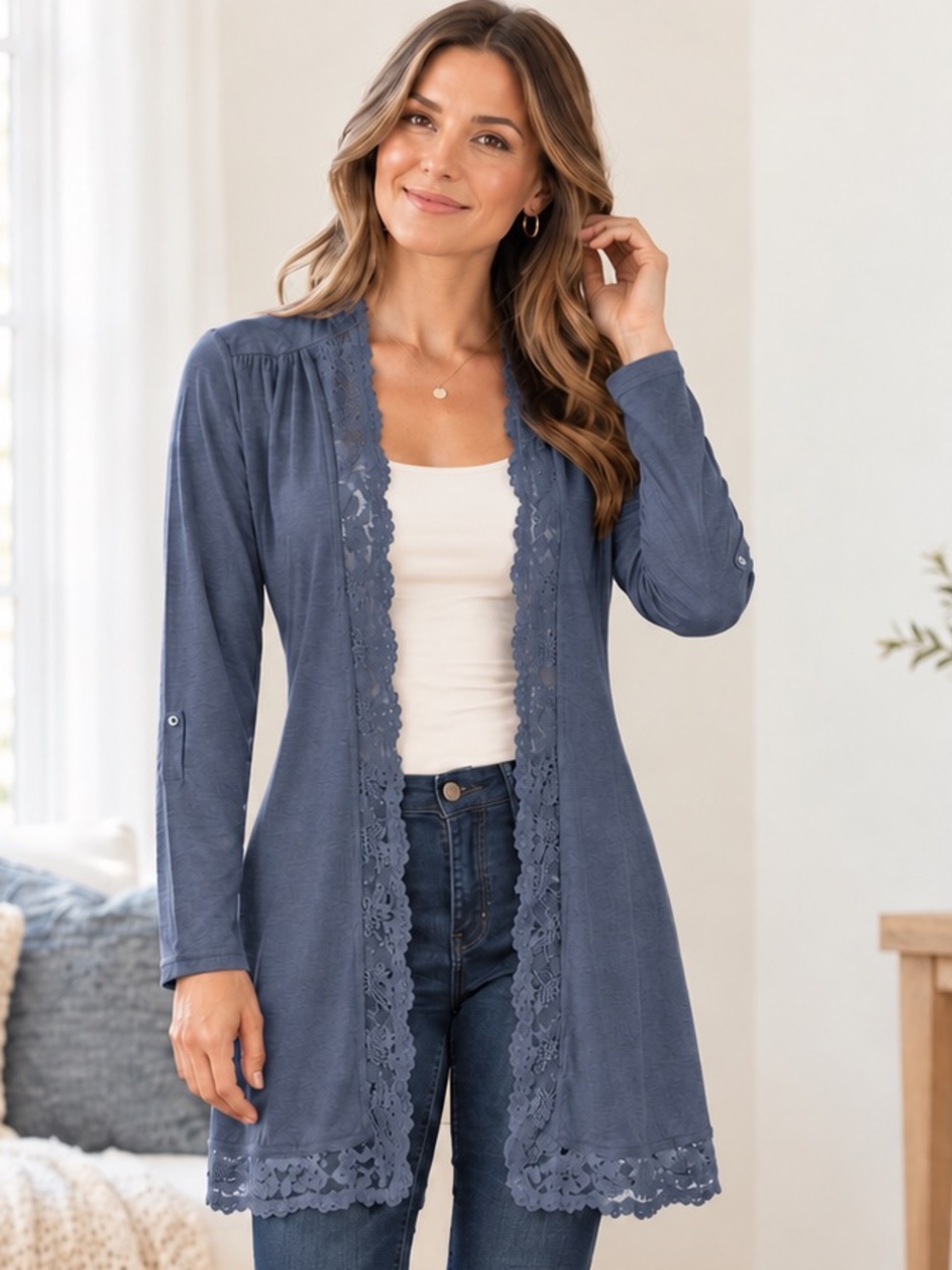 Skies Are Slate Blue Lace Trim Open Front Cardigan Size Medium M